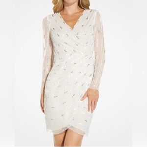 NWT Adrianna Papell White Beaded Sequins Embellished Dress Sheer Sleeves V-Neck